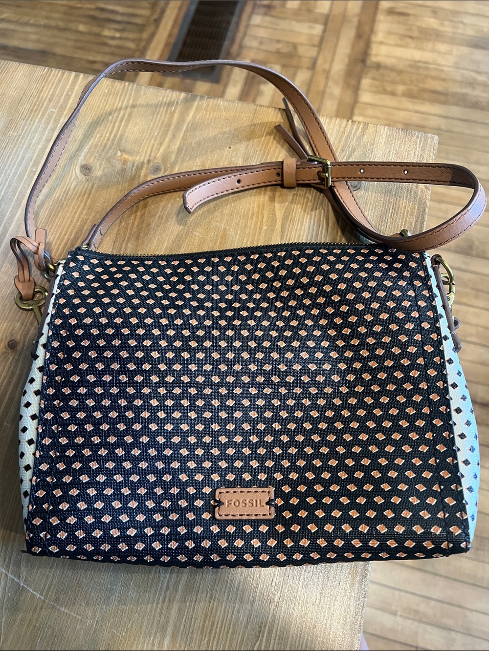 Fossil Black with Tan Accent Patterned Crossbody Bag